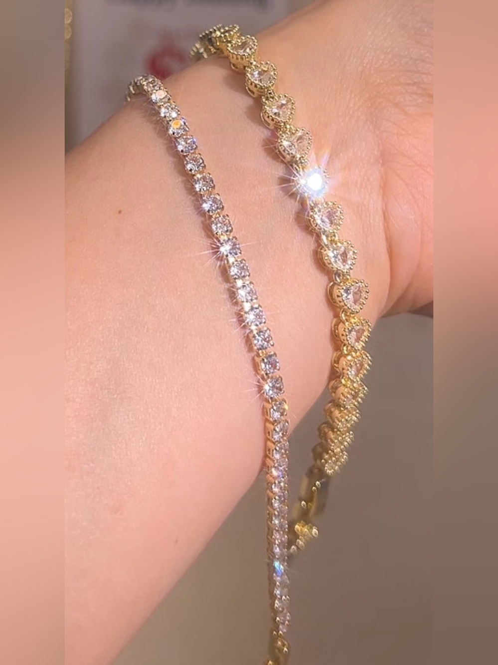 NWT Gold Plated Heart & Crystal Tennis Bracelet Stack Set 7.5”